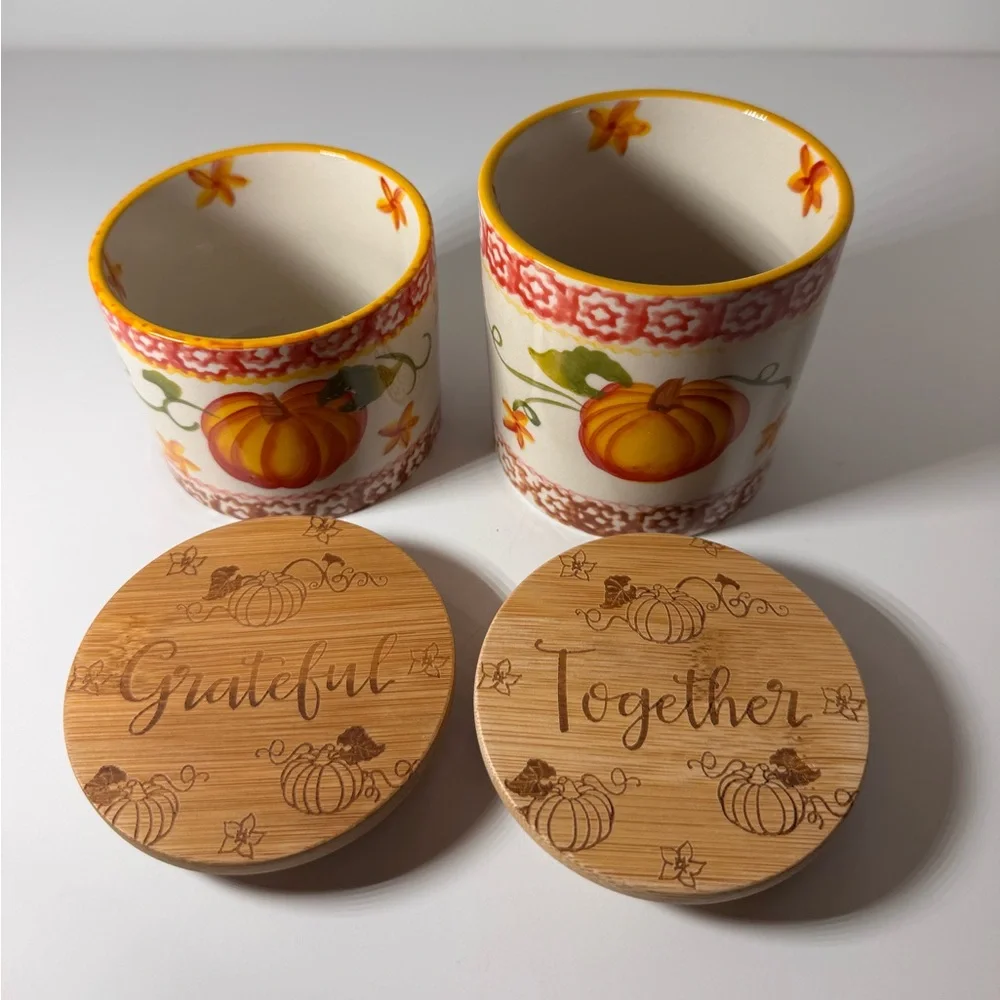 Temptations Pumpkin Ceramic Canisters Jars & Bamboo Lids Grateful & Together